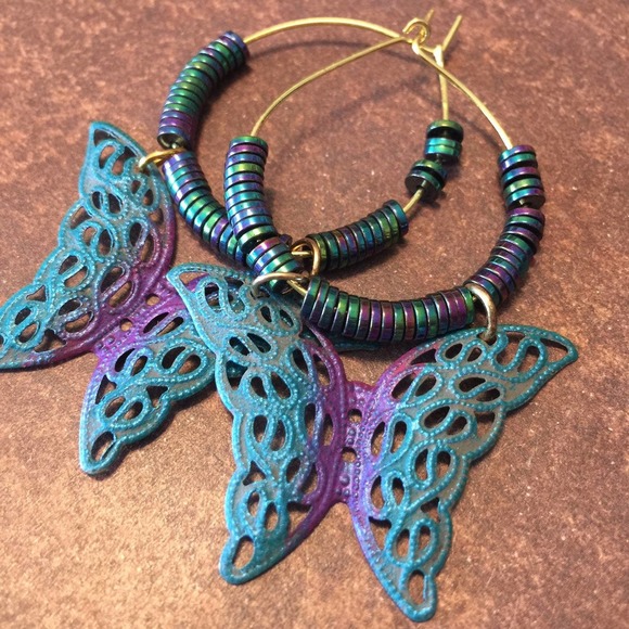 Hand Crafted Jewelry - Blue butterfly filigree boho hippie festival handmade beaded hoop earrings